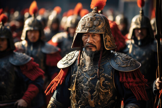 Man in a chinese armour  carrying his long sword, medieval, helmet