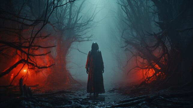 The misty woods are haunted at midnight by a frightening wicked spirit with piercing red eyes..
