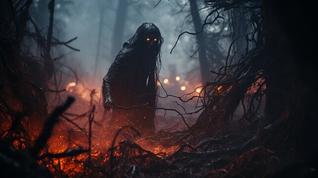 The misty woods are haunted at midnight by a frightening wicked spirit with piercing red eyes..