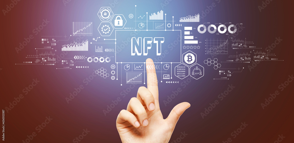 Poster nft theme with hand pressing a button on a technology screen