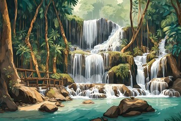 Natural waterfall background illustration. Generative AI