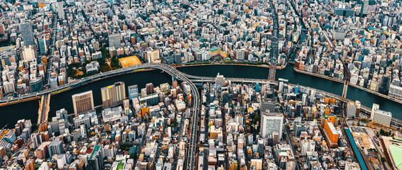 Aerial view of the Sumida River in Tokyo, Japan