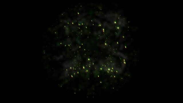 4K 3d animation pyrotechnic light show. Glow lemon green fireworks with trial on black abstract background for holiday background such as New Year eve, Christmas, an other celebration.