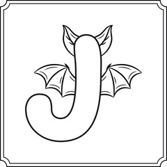 Halloween English Alphabet letter J cute bat theme sketch for coloring