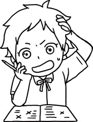 勉強に躓く夏の女子学生線画