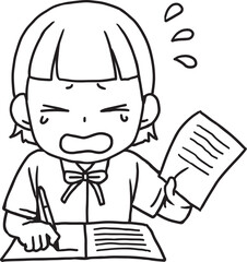 必死に勉強する女子学生線画