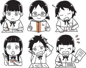 勉強を頑張る夏の女子学生単色セット