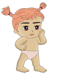 Baby girl posing Sticker t-shirt cloth mug design Baby illustration child with eyes character cute little kid in diaper happy childhood small little vector babies newborn