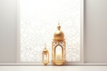 Eid mubarak and ramadan kareem greetings with islamic lantern and mosque. Eid al fitr background. Eid al fitr background of window concept by AI Generated