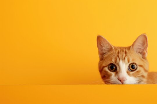 A frightened cat peeks out from behind a corner on an orange background. 