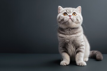 Cute fluffy portrait kitty Cat Scottish fold looking at camera isolated on clear png background, funny moment, pet concept
