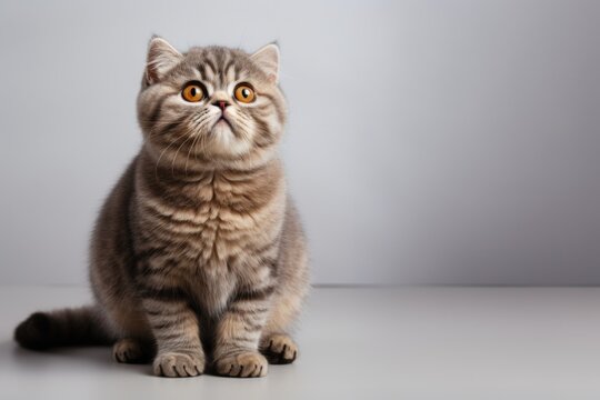 Cute fluffy portrait kitty Cat Scottish fold looking at camera isolated on clear png background, funny moment, pet concept