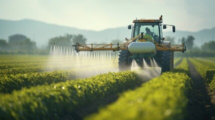 Fototapeta premium Tractor spraying pesticides on a green field, agriculture background photo concept
