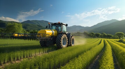 Fototapeta premium Tractor spraying pesticides on a green field, agriculture background photo concept