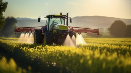 Fototapeta premium Tractor spraying pesticides on a green field, agriculture background photo concept