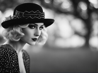 Moody black and white portrait of1920s flapper woman with elegant hat