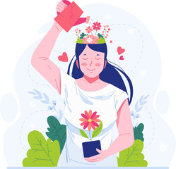 World Mental Health Day Concept Illustration. A Woman Watering Flowers Growing in Her Head. Psychological Support, Healthy Mind, and Positive Thinking
