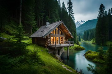 Fototapeta na wymiar wooden house in the mountains GENERATIVE AI 