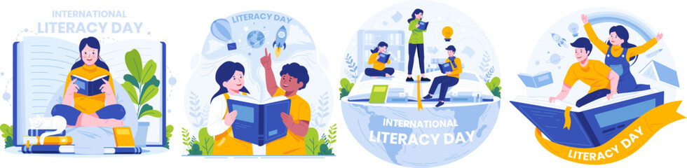 Illustration Set of International Literacy Day. People are Reading Books to Celebrate Literacy Day On the 8th of September