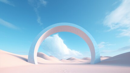 In the heart of the desert, a radiant blue arch stands, its vibrant hue juxtaposed against the muted sands. Crafted in the style of colorful surrealism, this arch transforms the landscape, 
