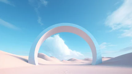 Poster de jardin Bleu In the heart of the desert, a radiant blue arch stands, its vibrant hue juxtaposed against the muted sands. Crafted in the style of colorful surrealism, this arch transforms the landscape, 
