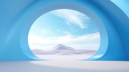 In the heart of the desert, a radiant blue arch stands, its vibrant hue juxtaposed against the muted sands. Crafted in the style of colorful surrealism, this arch transforms the landscape,  - obrazy, fototapety, plakaty