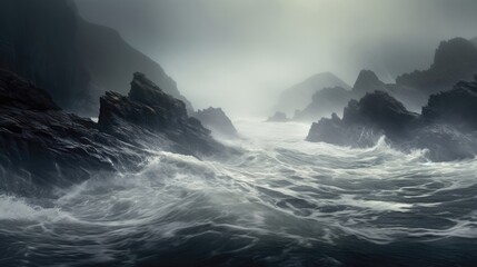 Fototapeta premium Dark clouds, swirling mist, stormy sea.