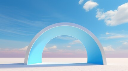 Situated in the vast desert, a bold blue arch rises, becoming an oasis of color in a sea of monochromatic sands. Painted in the style of colorful surrealism - obrazy, fototapety, plakaty