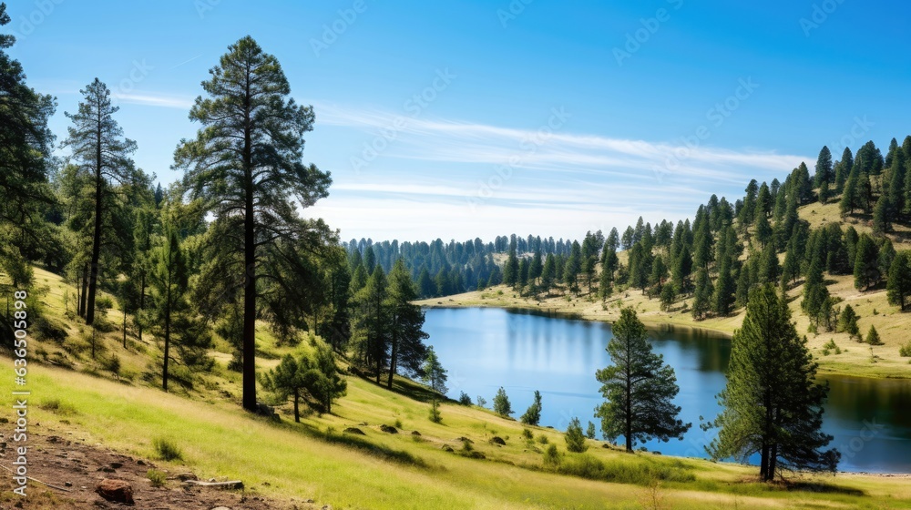 Sticker Towering trees, rolling hills, sparkling lake.