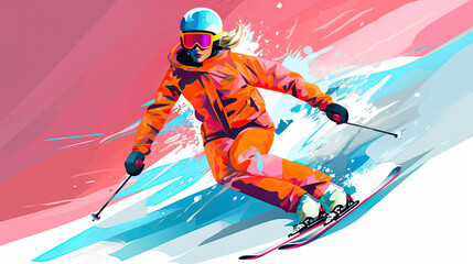 Flat artwork illustration of a woman downhill skiier, wearing 1980s neon ski jacket snowsuit