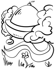 UFO in the bushes, alien themed coloring page for creative activity