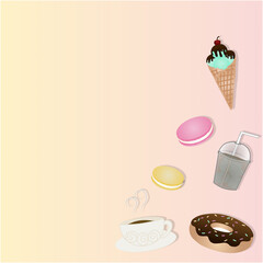 Various kind of sweets and drinks on pastel background. 
