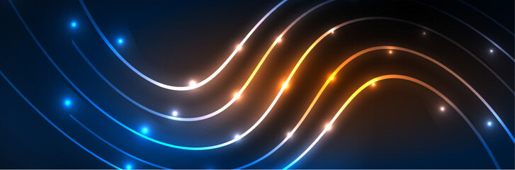 Neon glowing fluid wave lines, magic energy space light concept. Vector illustration for wallpaper, banner, background, leaflet, catalog, cover, flyer