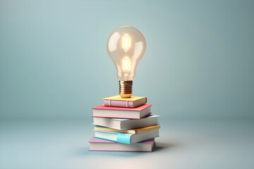 The light bulb glowing floating above stack of white many books over white background. Knowledge and education, learn intelligence or education idea concept with copy space background.