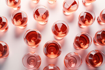 Generative AI.Many glasses of rose wine at wine tasting. Concept of rose wine and variety . Tasting, festivals, sophisticated lifestyle and winemaking concept