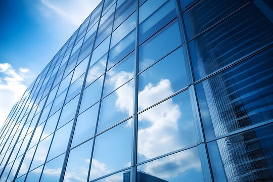 A Modern Office Building Blue Glass Walls Of Skyscrapers With Sun And Cloud Reflection Background.