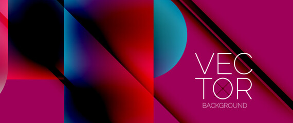 Dynamic bright colorful geometric elements with fluid gradients, lights, shadows blend in a minimal backdrop, creating captivating composition