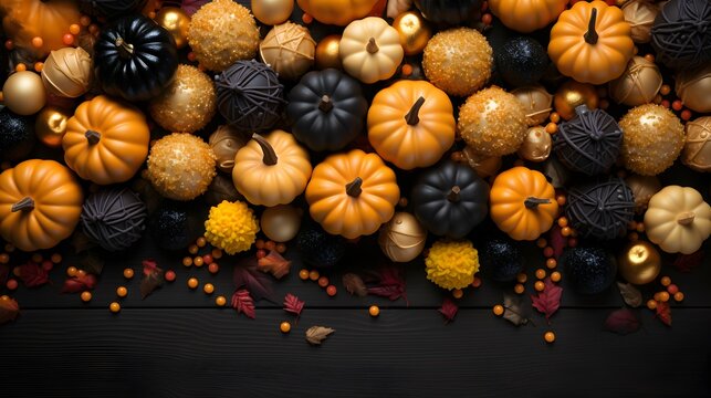 picture of pumpkin and chocolate cake on table with view from above in halloween celebration