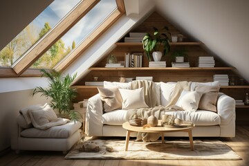 The interior of the attic living room with light shining from large compartments has a modern sofa and a wooden shelf backdrop decorated with small plant pots. Scandinavian Interior Design