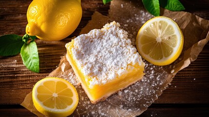 Top view of a lemon bar on a rustic wooden background