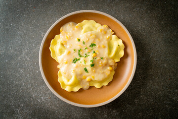 ravioli pasta with corn cheese sauce
