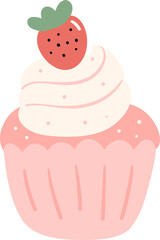 Birthday cake, cute pink cupcake sweet flat design illustration