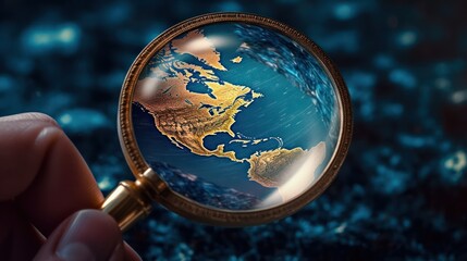 Closeup magnifying glass looking earth globe 