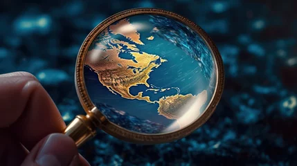 Foto op Plexiglas Noord-Europa Closeup magnifying glass looking earth globe 