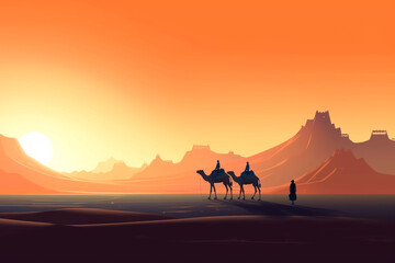 Fototapeta na wymiar a photograph of a desert landscape and a herd of camels