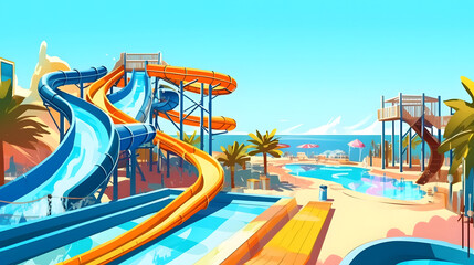 輝く水上スライダーと海の景色のアクアパークで楽しむ夏の娯楽 No.006  Enjoying Summer Entertainment at an Aquapark with Bright Waterslides and Sea View Generative AI