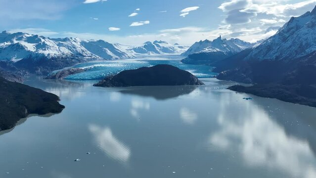 Grey Glacier At Torres Del Paine In Ultima Esperanza Chile. Snowy Mountains. Glacier Landscape. Ultima Esperanza Chile. Winter Background. Grey Glacier At Torres Del Paine In Ultima Esperanza Chile.