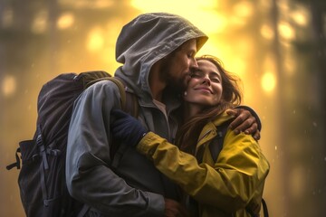 Obraz premium A couple is hugging after a long day of hiking