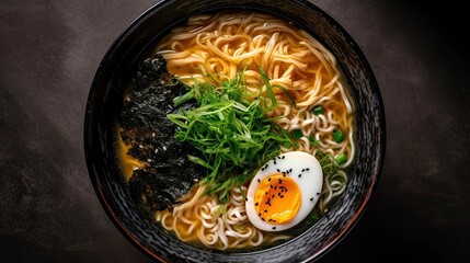 Traditional Japanese ramen noodles with a flavored egg and nori, top view