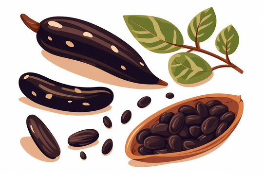 Generative AI. Carob.  Organic sweet food, aroma drink, natural chocolate. Background with carob tree: branch, carob pods and fruits. Super food. 